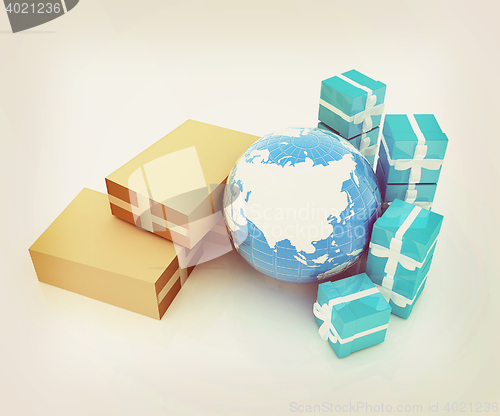 Image of Cardboard boxes, gifts and earth . 3D illustration. Vintage styl