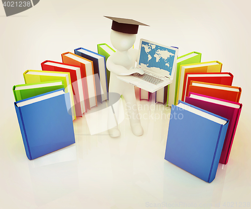 Image of 3d man in graduation hat working at his laptop and books . 3D il