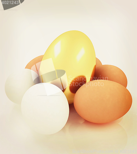 Image of Eggs and gold easter egg. 3D illustration. Vintage style.