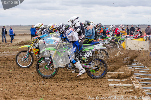 Image of Volgograd, Russia - April 19, 2015: Motorcycle racer started in the race to stage the Open Championship Motorcycle Cross Country Cup Volgograd Region Governor