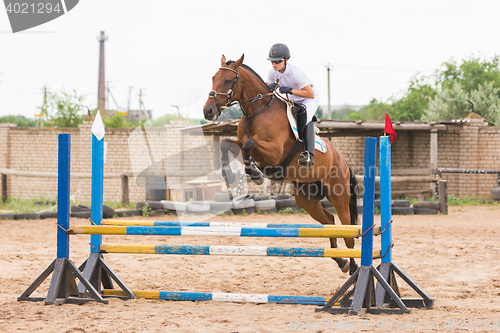 Image of Volgograd, Russia - June 19, 2016: The athlete performs a jump on a horse through the barrier on the jumping competition