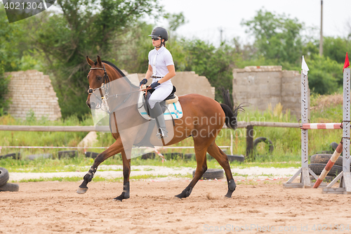 Image of Volgograd, Russia - June 19, 2016: Athlete warming up before a horse jumping competitions in show jumping