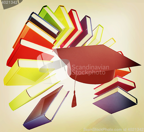 Image of Colorful books like the rainbow and graduation hat . 3D illustra