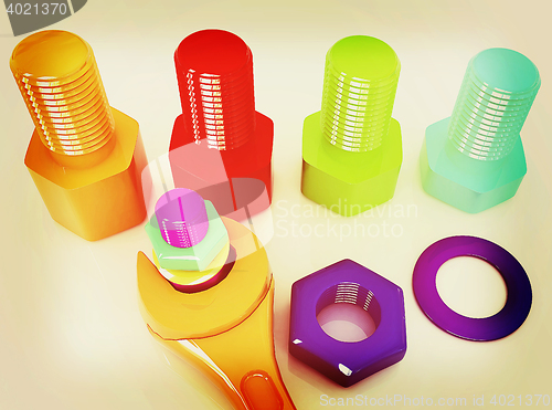 Image of Colorful wrench to tighten the screws. 3D illustration. Vintage 