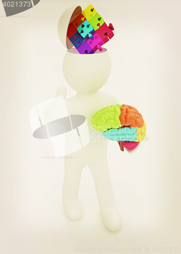 Image of 3d people - man with half head, brain and trumb up. Idea concept