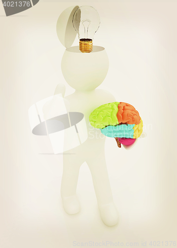 Image of 3d people - man with half head, brain and trumb up. Idea concept