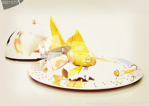 Image of Gold fish on a restaurant cloche. 3D illustration. Vintage style