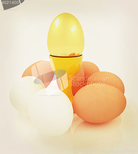 Image of Eggs and gold easter egg on egg cups . 3D illustration. Vintage 