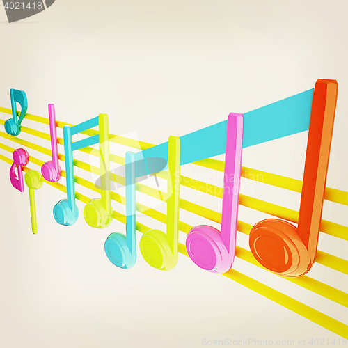 Image of Various music notes on stave. Colorfull 3d. 3D illustration. Vin