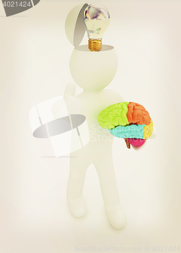 Image of 3d people - man with half head, brain and trumb up. Idea concept