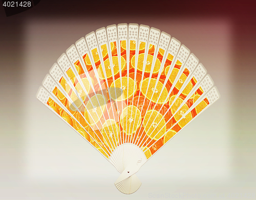 Image of Colorful hand fan. 3D illustration. Vintage style.