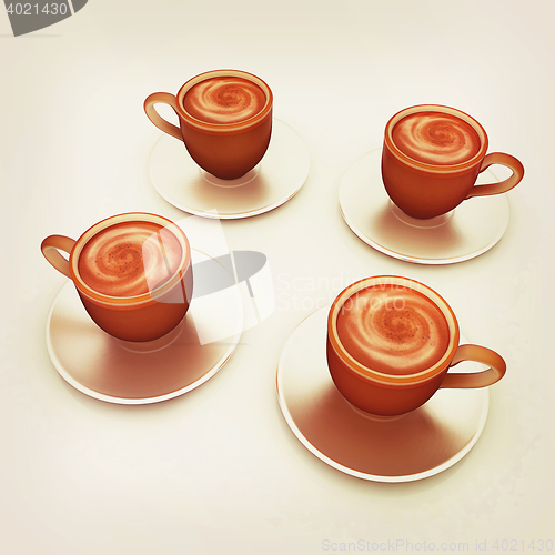 Image of Coffee cups on saucer. 3D illustration. Vintage style.