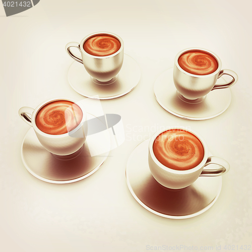 Image of Coffee cups on saucer. 3D illustration. Vintage style.