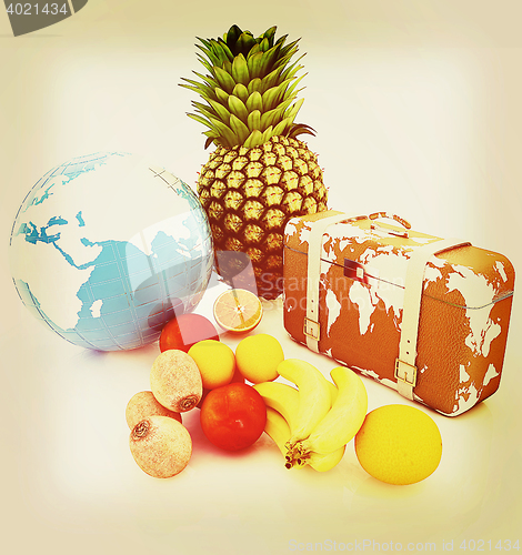 Image of Citrus,earth and traveler\'s suitcase . 3D illustration. Vintage 