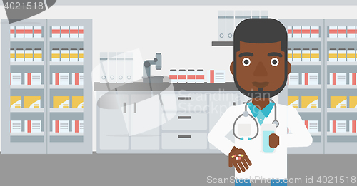 Image of Pharmacist giving pills and glass of water.