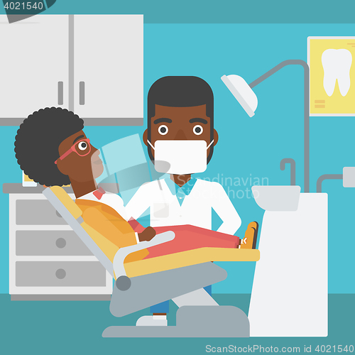 Image of Patient and doctor at dentist office.