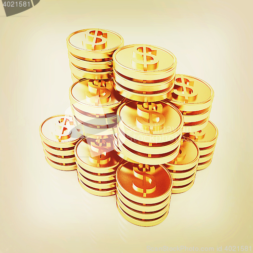Image of Gold dollar coin stack. 3D illustration. Vintage style.
