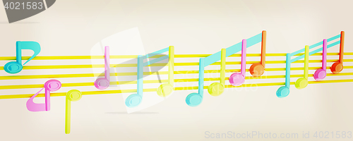 Image of Various music notes on stave. Colorfull 3d. 3D illustration. Vin