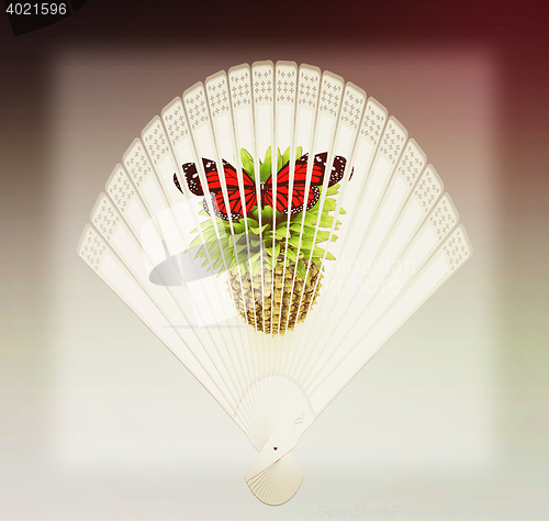 Image of Colorful hand fan. 3D illustration. Vintage style.