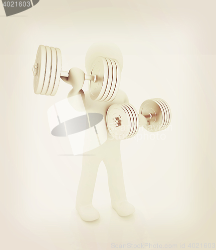 Image of 3d mans with metall dumbbells. 3D illustration. Vintage style.