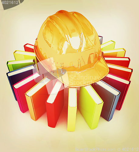 Image of Colorful books and hard hat . 3D illustration. Vintage style.