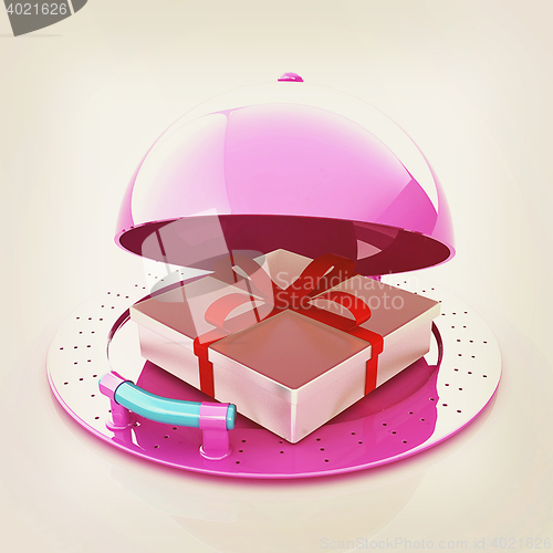 Image of Illustration of a luxury gift on restaurant cloche on a white ba