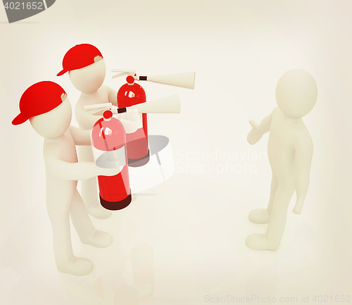 Image of 3d mans with red fire extinguisher. The concept of confrontation