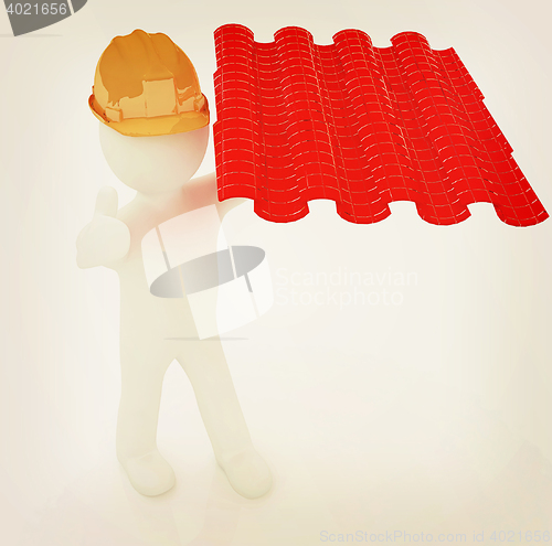 Image of 3d man presents the roof tiles . 3D illustration. Vintage style.