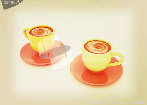 Image of Coffee cups on saucer. 3D illustration. Vintage style.