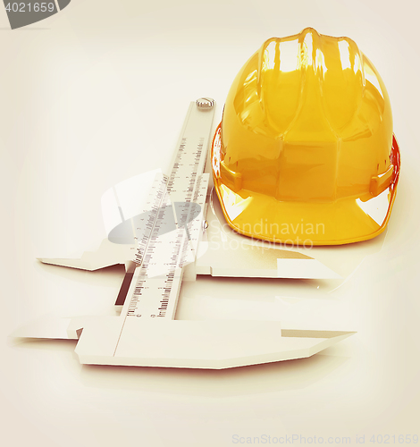 Image of Vernier caliper and yellow hard hat 3d . 3D illustration. Vintag