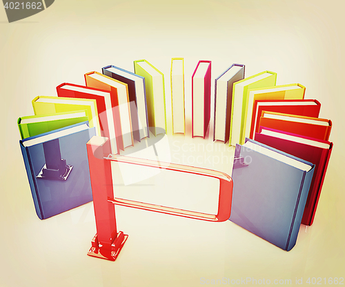 Image of Colorful books in a semicircle and tourniquet to control. The co