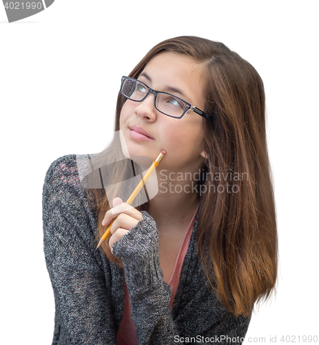 Image of Pretty Mixed Race Girl Thinking with Pencil