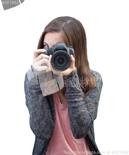 Image of Attractive Mixed Race Young woman With DSLR Camera on White