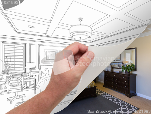 Image of Hand Turning Page of Custom Bedroom Drawing to Photograph Undern