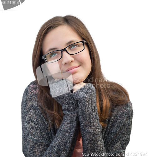 Image of Pretty Mixed Race Girl Thinking On White