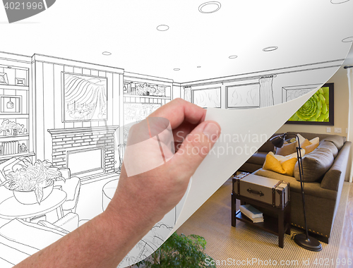 Image of Hand Turning Page of Custom Living Room Photograph to Drawing