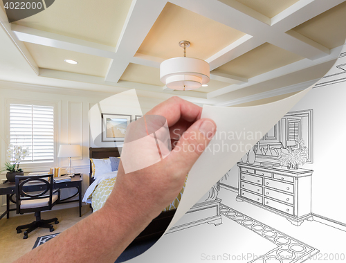 Image of Hand Turning Page of Custom Bedroom Photograph to Drawing