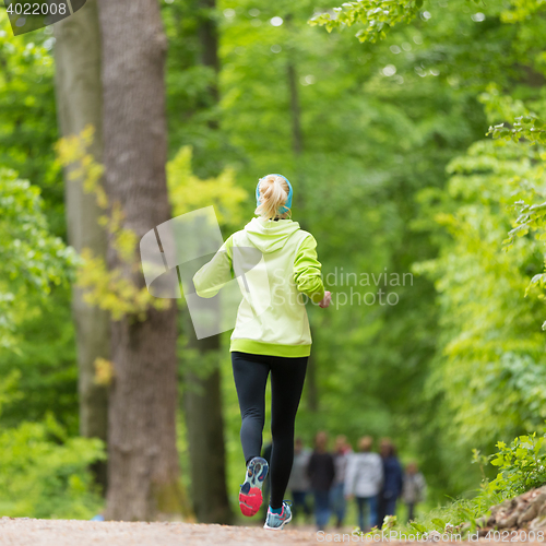 Image of Sporty young female runner in the forest. 