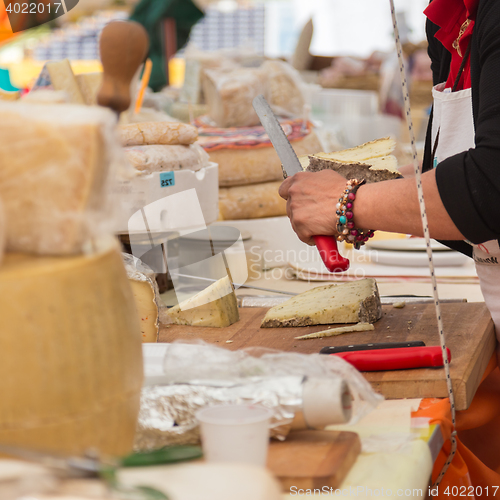 Image of Cheese market. Large selection of cheeses.