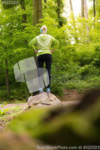 Image of Woman standing on tree trunk in nature.