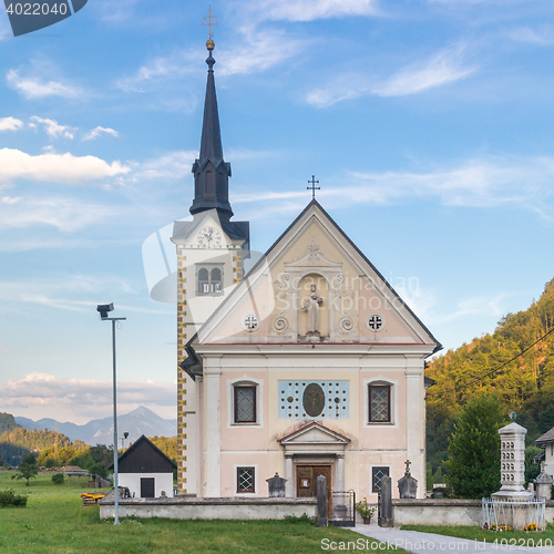 Image of Catholic church in Bohinjska bela village, Bled, Slovenia.