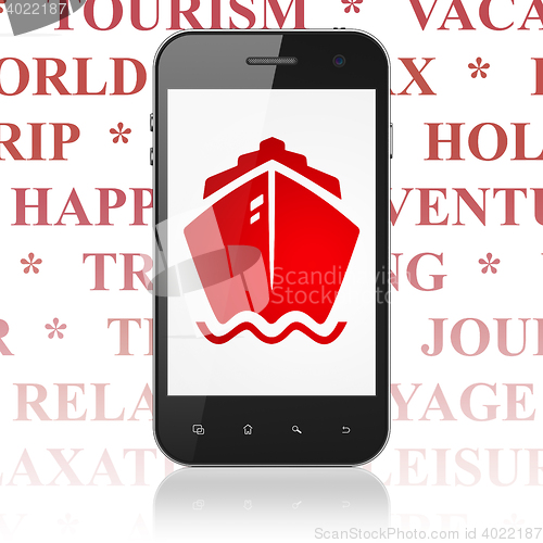 Image of Vacation concept: Smartphone with Ship on display