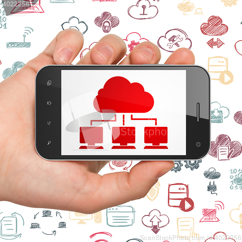 Image of Cloud technology concept: Hand Holding Smartphone with Cloud Network on display