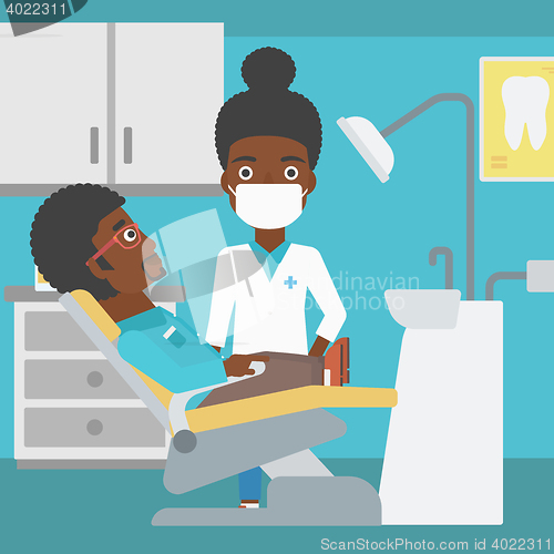 Image of Patient and doctor at dentist office.