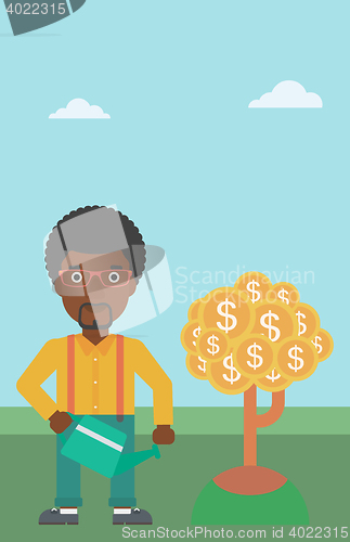 Image of Man watering money tree vector illustration.