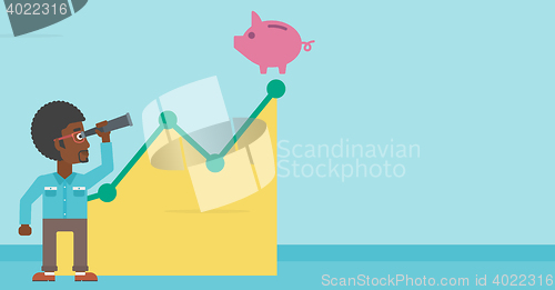 Image of Businessman looking through spyglass at piggy bank