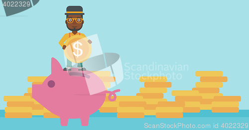 Image of Man putting coin in piggy bank vector illustration