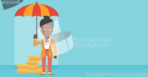 Image of Business woman with umbrella protecting money.