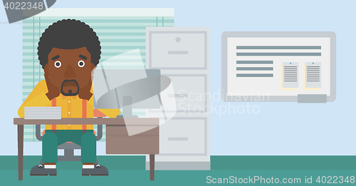 Image of Tired man sitting in office vector illustration.