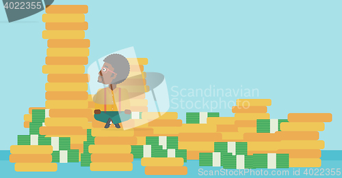 Image of Businessman sitting on gold vector illustration.